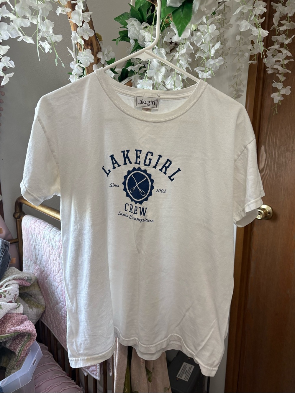 Lakegirl Crew White T‑Shirt with Navy Logo 100% Cotton